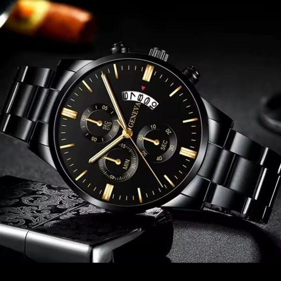 Men's Watch Stainless Steel Calendar Quartz Black New F4 - Picture 4 of 5